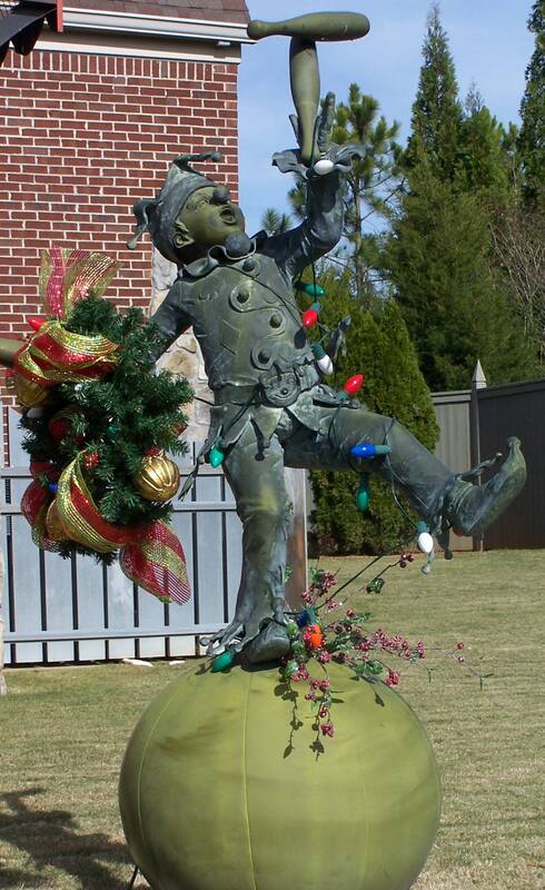 Jester sculpture decorated for Christmas at the Johnson Home for the Athens Ladies Civitan Bells of Christmas Home Tour 2017